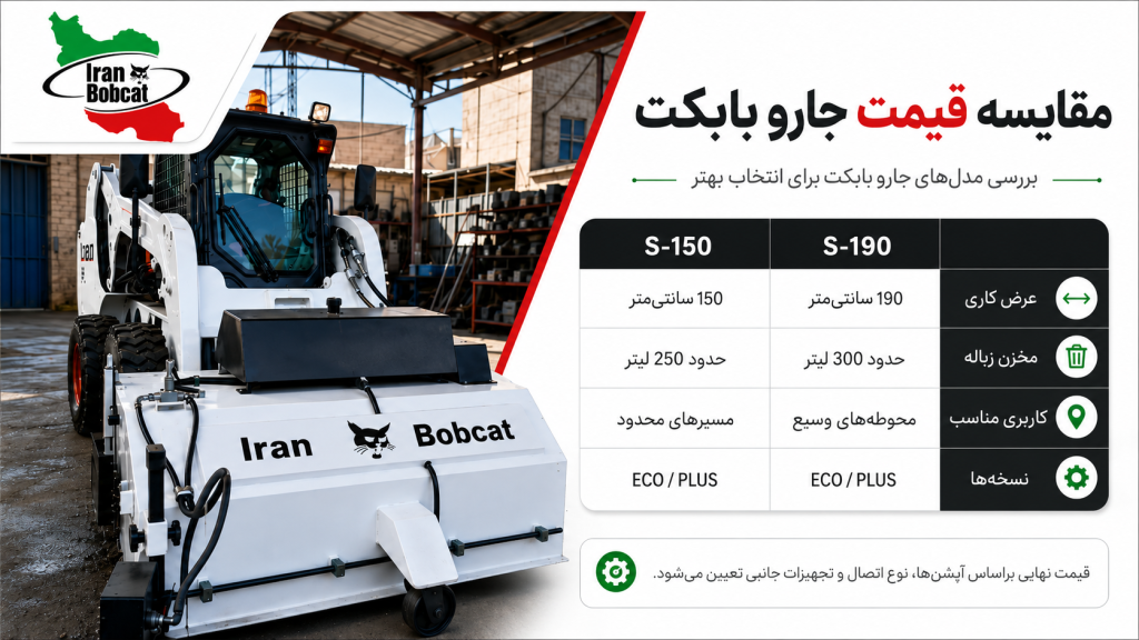 مقایسه قیمت جارو بابکت ایران بابکت مدل‌های S-150 و S-190 از نظر عرض کاری، ظرفیت مخزن و کاربرد